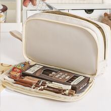 大容量铅笔盒 - 透明多层设计，便携式桌面收纳盒，柔软面料，多个隔层，适合办公室使用，耐用拉链。不含配件。适用于学校用品，返校