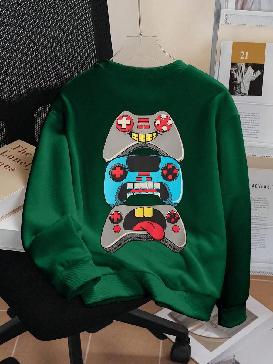 Tween Boy Casual Simple Remote Control Printed Long Sleeve Sweatshirt Autumn And Winter Student - Dark Green - View 1