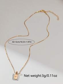 1pc Gold-Tone Round Snake Bone Chain Necklace With Rectangle Cubic Zirconia Pendant, Suitable For Cute Girls Everyday Wear - Yellow Gold - View 4