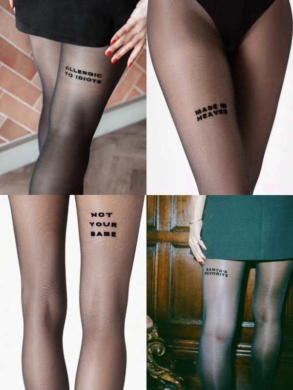 1pc Women's Ultra-Thin Black Gothic English Letter Tights, Skinny Pantyhose Suitable For 40-55kg