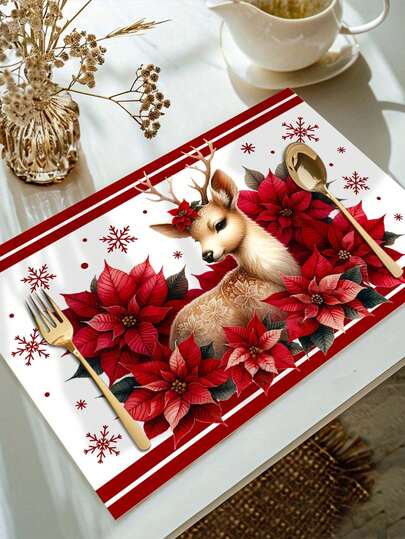 30x45cm 圣诞主题餐垫，可爱的圣诞驯鹿，红色圣诞一品红环绕设计，涤纶餐垫，适合圣诞节餐桌装饰、圣诞派对聚会家居装饰