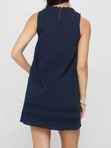 Vestido mini suelto informal de verano para mujer, con encaje y retazos, cuello cuadrado, sin mangas, para fiesta, playa, club, ropa de calle - Azul Marino - Ver 7