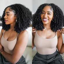 Jerry Curly Half Wig Human Hair 200 Density 3 In 1 Seamless Flip Over Half Wigs Human Hair Glueless Wear And Go Beginner Friendly Kinky Curly Wig Human Hair Drawstring Headband Wig For Women 20 Inch - Natural Black - 查看 7