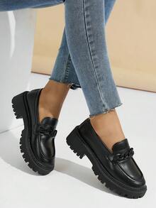 Giày lười mũi tròn cho nữ, đế dày, thường ngày, thoải mái, thanh lịch, đa năng, phù hợp đi làm, đi học, mùa xuân/thu, màu đen - màu đen - Xem 3