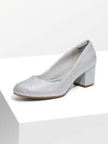 Women's Low Chunky Pumps Block Heel Dress Shoes Closed Round Toe Comfortable Heels For Commuting Parties Daily Wear - Bạc - Xem 1