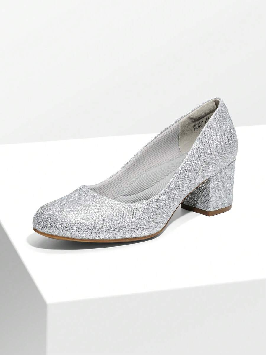 Women's Low Chunky Pumps Block Heel Dress Shoes Closed Round Toe Comfortable Heels For Commuting Parties Daily Wear - Bạc - Xem 1