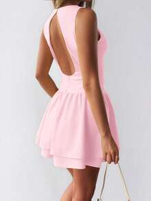 Women's Solid Color Fitted Backless Christmas Dress - Pink - View 2
