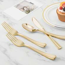 5/10/25/50 piezas Juego de cubiertos chapados en oro, tenedor y cuchara para pastel/ensalada, tenedor para postre/sushi, tenedor para pasta, cuchillo para bistec, utensilios para ensalada, juego de cubiertos reutilizables, adecuado para fiestas, cumpleaños, eventos al aire libre, bodas, reuniones familiares, jubilación, inauguración de casa, Navidad