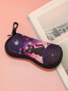 1 pieza Estuche de gafas de moda con estampado de gato negro, estuche de gafas portátil suave, caja de gafas de mujer, bolsa suave de gafas con cremallera y clip - Multicolor - Ver 9