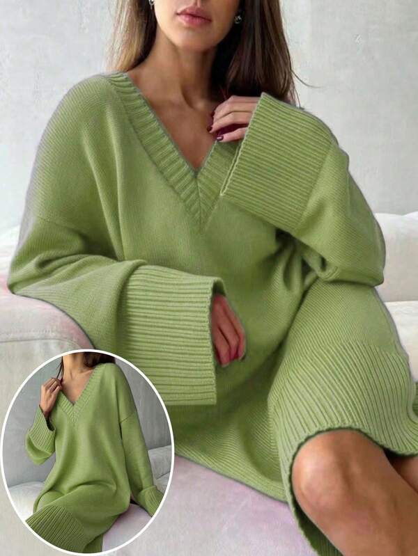 Plus Size Women V-Neck Dropped Shoulder Long Sleeve Loose Casual Knit Dress