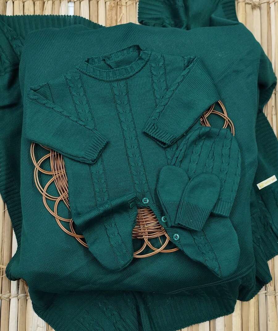 Complete Knit Maternity Outfit, Jumpsuit, Blanket, Hat And Gloves - 墨綠色 - 查看 1