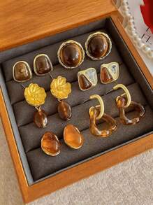 6pcs/Set Vintage Red Cat Eye Faux Pearl Wrap Earrings, Luxury Niche Design, High-End Festive Christmas, Minimalist Versatile Personalized Earring Set Suitable For Women's Daily & Holiday Wear