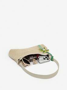 1 件女士复古度假海洋生物仿珍珠樱桃仿毛皮尾巴编织装饰单肩腋下法棍包，适合约会、郊游、度假 - 米色 - 查看 5