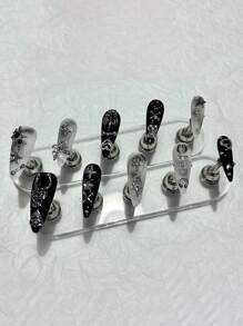 10 Stücke Menhera Hot Girl handgemachte Aufkleb-Nägel Y2K Schwarz Weiß Rendering lange Spitzen Nagelkunst Schmetterling Stern Krone cool Fake Nägel Mandelform Nägel Aufkleb-Nägel lange Nagelzubehör (1 Blatt Gelee Sticker + 1 Stück Nagelfeile)