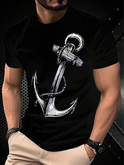 Camiseta de Hombre Impresa en 3D - Top Elegante y Ajustado con Ancla de Manga Corta Casual