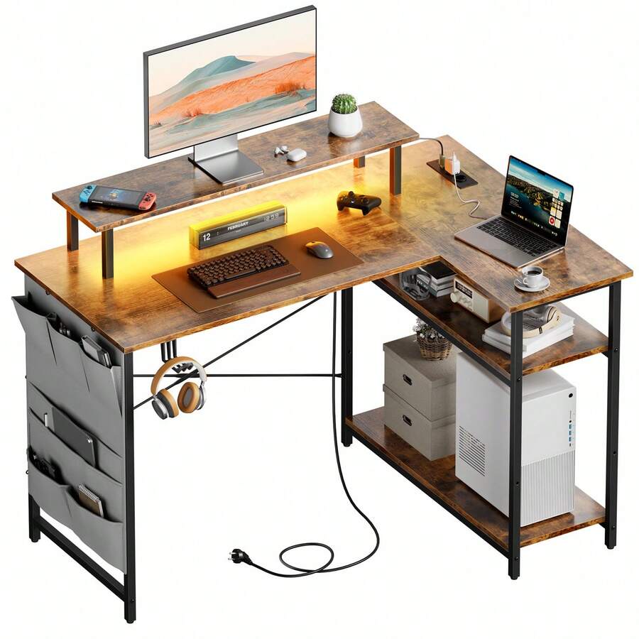 HLONONE Escritorio en forma de L con LED y enchufes, 110 x 80 cm, escritorio de esquina con estante, escritorio de computadora con soporte para monitor y bolsa de almacenamiento, mesa de juego en forma de L para oficina en casa. - Marrón retro - Ver 1