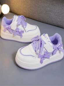 1 par de zapatos deportivos planos, versátiles y casuales para niñas, con correa de punto con lazo, suela suave y cómoda, cierre de gancho y bucle, adecuados para todas las estaciones