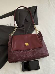 极简纯色链条斜挎包，拼布蛇皮纹女士手提包，高品质时尚单肩包，2025秋季新品