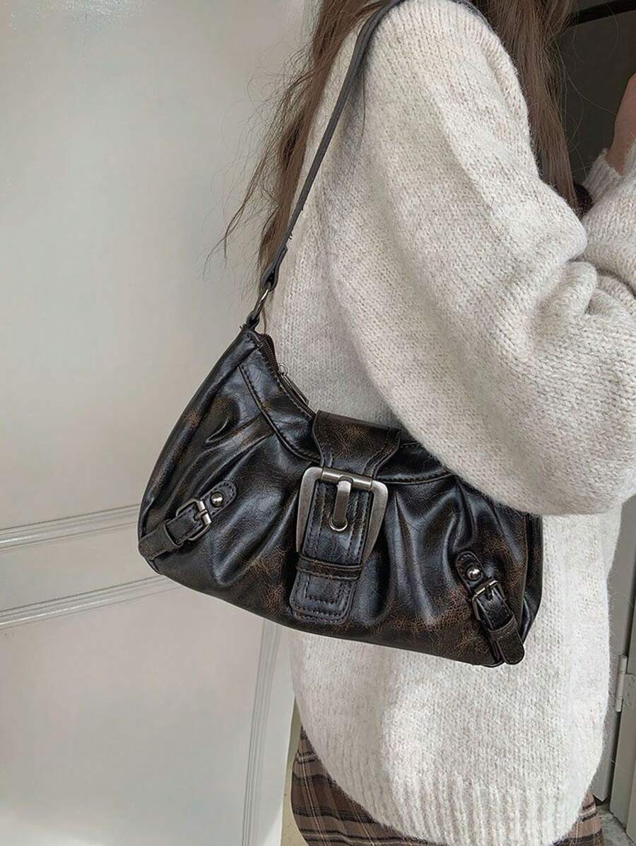 破旧的 Y2K 朋克摩托车包，荒原风格复古腋下包，新款高品质多功能手提包/单肩包 - 咖啡棕 - 查看 1