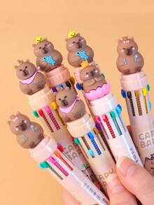 8支10色卡通熊按压圆形圆珠笔，多色按压笔，10色速干按压签名笔，书写工具，适用于学校用品，返校