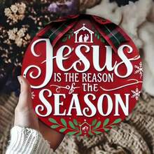 1pc 8x8 Inch Round Metal Christmas Sign - "Jesus Is The Reason For The Season" Design, 8 Inch Flat Printed With Snowflakes And Holly, Iron Wall Decor, Suitable For Bar, Cafe, Club, Christmas Wall Decoration, 2D, Perfect For Christmas, Great For Room Decor, Random Hole Position