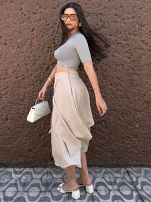 Cropped Blouse Short Sleeve Polyamide Suplex Round Neck Mia - Grey - View 6