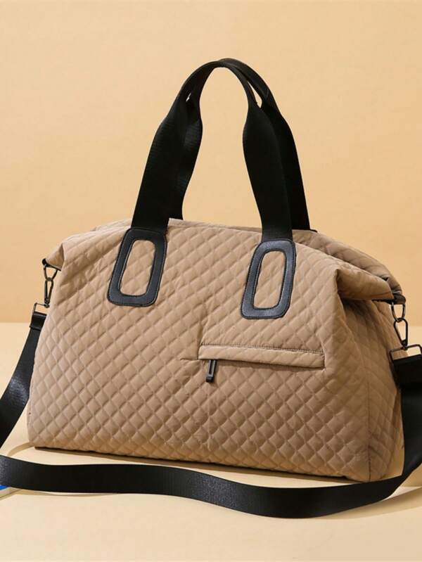 1 pieza Bolso de tela acolchado de poliéster color caqui, bolso de viaje con cierre de cremallera de gran capacidad, bolso de viaje y gimnasio minimalista de moda