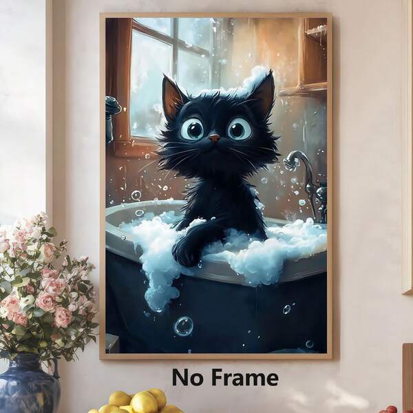 1 Piece,Interesting And Whimsical Bathroom Cat, Modern Frameless Art Decoration Painting, Printed Posters Mural, Waterproof Canvas,Suitable For Home, Office, Bedroom, Living Room, Study, Bathroom, Bar, Wall Arts And Home Decoration, Is An Ideal Holiday Gift