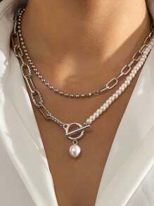 1pc Fashionable Silver Long Beaded Chain Necklace, Vintage Pearl Clasp Personalized Necklace
