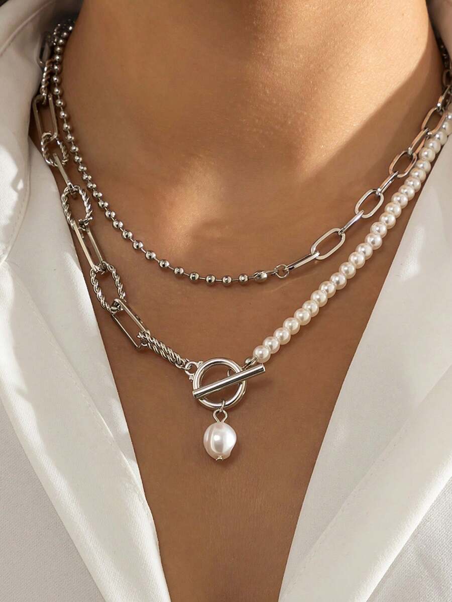 1pc Fashionable Silver Long Beaded Chain Necklace, Vintage Pearl Clasp Personalized Necklace