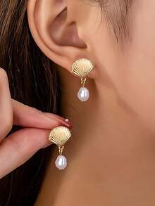 Sea Star Shell Earrings Beach Jewelry Women's Lightweight And Elegant Pearl Water Drop SeaShell Beach Earrings With Sea Charm, Suitable For Summer Vacation Coastal Accessories - 金色 - 查看 2