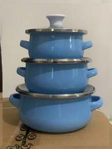 3pcs Enameled Cookware Set, Thick Enamel Cooking Pot With Double Ear, Suitable For Gas And Induction Cooktop, Includes Soup Pot With Lid, Small Pot, And Cartoon Cute Enamel Bowl With Handle - Multicolor - View 11