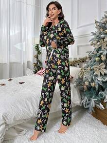 2pcs Women's Long Sleeve Top & Pants Cute Christmas Cartoon Pattern Pajama Set, Autumn/Spring, Fall Clothes
