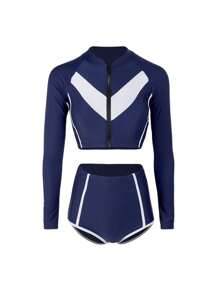 Traje De Baño Dividido Con Protección Solar De Manga Larga - Azul - Ver 2