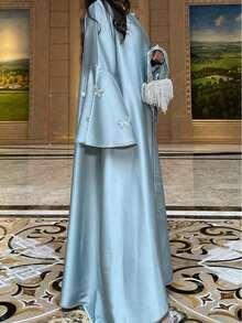 2pcs Middle Eastern Muslim Women's Cardigan Set, Butterfly Embroidery, Rhinestone Waist Belt, Satin Formal Robe