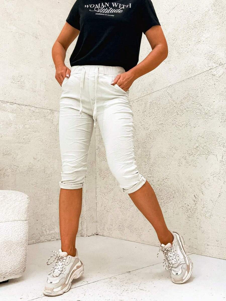 女式抽繩七分牛仔褲boyfriend洗水帶彈性 女式skinny短褲七分短褲 日常夏季