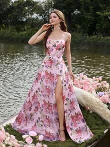 Faeriesty 奢华优雅的女士正式晚礼服，细肩带，后系带，露背设计，高开衩，A 字裙 - 非常适合黑色领带活动、晚宴、慈善舞会、婚礼招待会和正式晚会 - 粉色 - 查看 4