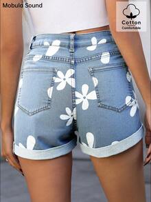 时尚音乐节印花可爱性感牛仔短裤，百搭春夏季，日常穿着，生日派对，单身派对，旅行，机场 - 藍色 - 查看 6
