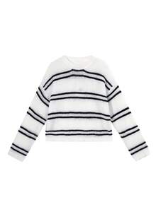 宽松针织罩衫薄款条纹长袖披肩T恤，布料随机 - 黑與白 - 查看 3