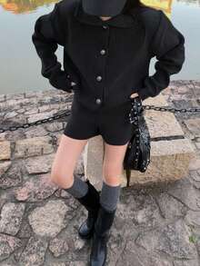 Alicedudu 女士休闲翻领开衫和短裤两件套，秋冬 - 黑色 - 查看 3