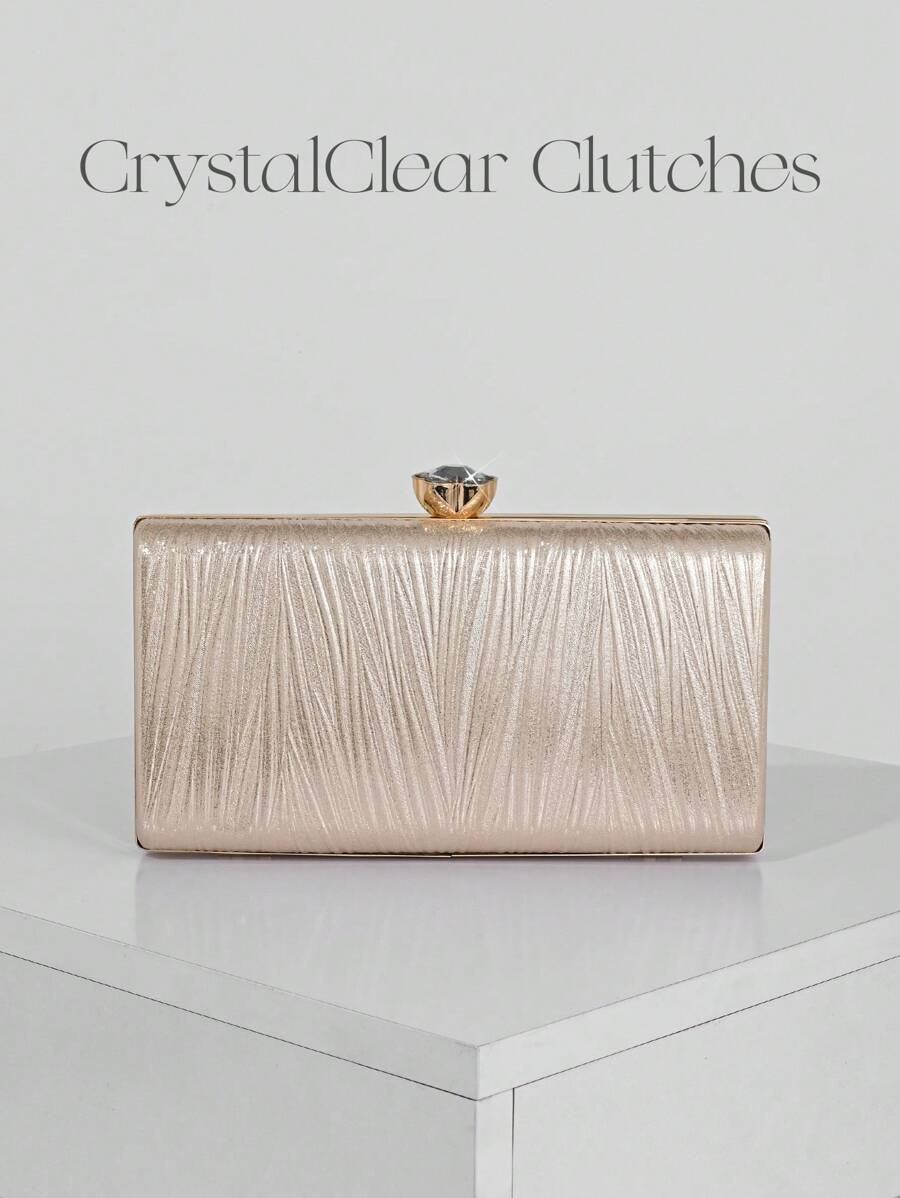 1 件闪亮褶皱迷你派对手拿包，奢华水钻装饰晚宴包，适合派对女孩、新娘、大学生、年轻专业人士，非常适合派对、舞会、婚礼，配有金属链，优雅的香槟色手提包