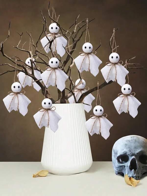 4 colgantes de fantasma de Halloween, material de tela, pequeños y fáciles de colgar, decoraciones de pequeños fantasmas divertidos e interesantes, crean una atmósfera de terror de Halloween, adecuados para fiestas de Halloween, casas encantadas, patios, árboles, jardines, decoración del hogar, regalos de Halloween