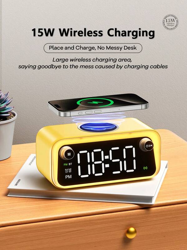 REMAX 4 In1Wireless Speaker, 1200mAh Rechargeable Battery, Wireless Charging, Ambient Light, Clock Alarm, Radio, Desktop Aesthetics Stuff, Yelllow/White