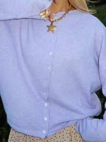 Women Y2k Crew Neck Cardigan Sweater Long Sleeve Button Down Solid Color Top Fall Casual Vintage Lightweight Knitwear - Màu tím - Xem 2