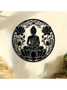 1pc Intricate Zen Buddhist Statue & Floral Design Creative Metal Black Decorative Wall Hanging, Suitable For Living Room, Entryway, Meditation Room, Home Decor, Yoga Enthusiasts Gift, Blessing Ornament - Black - View 13