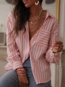 Camisa de mujer de manga larga a rayas de color rosa claro con botones