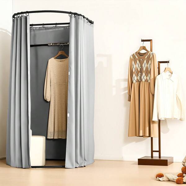 Fitting Room, Dressing Room With Thick Polyester Curtains, Privacy Space With Shading Curtain And A Hook, For Boutique, Mall, Tailor's Store & Outdoor 39 X 37 X 79 In (Black And Gray-White)