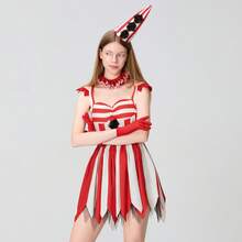 Women Creepy Clown Costume Set, Striped Cold Shoulder Mini Dress Hat Gloves Choker Cosplay Costume For Halloween Stage Party - 紅色 - 查看 5