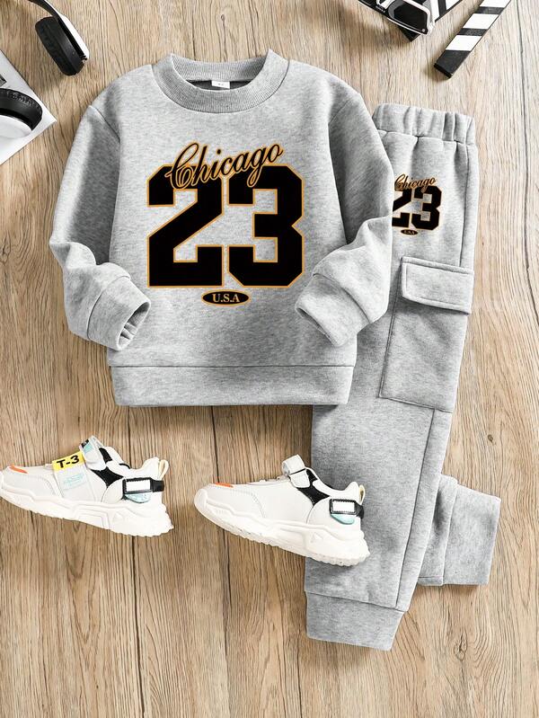 Toddler Letter Print Warm Crew Neck Sweatshirt And Pants Set