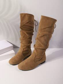 女士新款系带过膝靴，修身平底靴，弹力百搭经典设计 - 棕色 - 查看 3